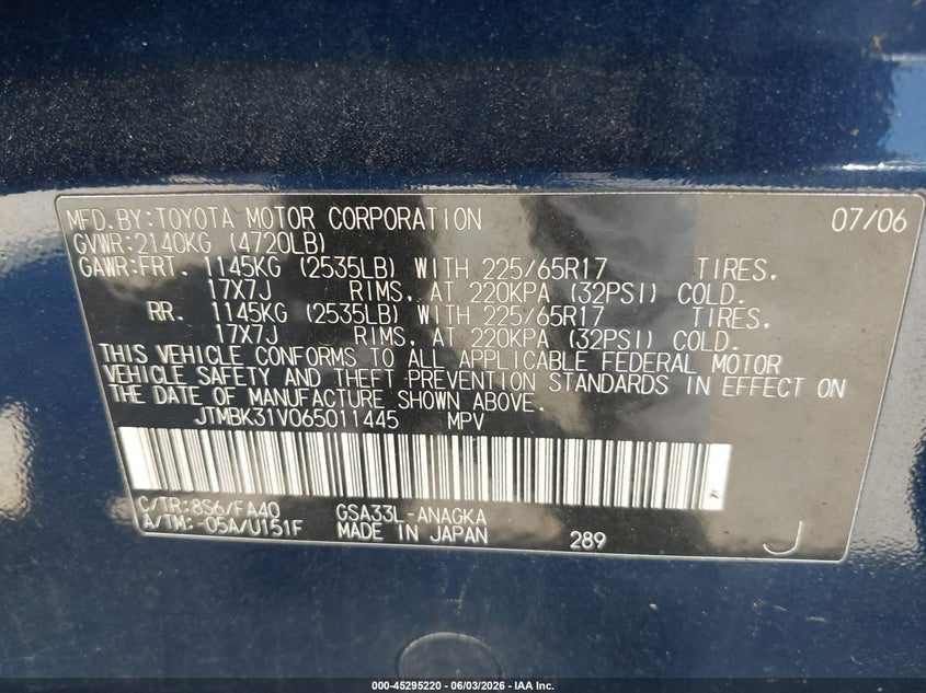 2006 Toyota Rav4 VIN JTMBK31V065011445 IAAI salvage auction — NORMAL WEAR, Clear (Maryland), sold $675 on 2026-07-30 (photo 9)