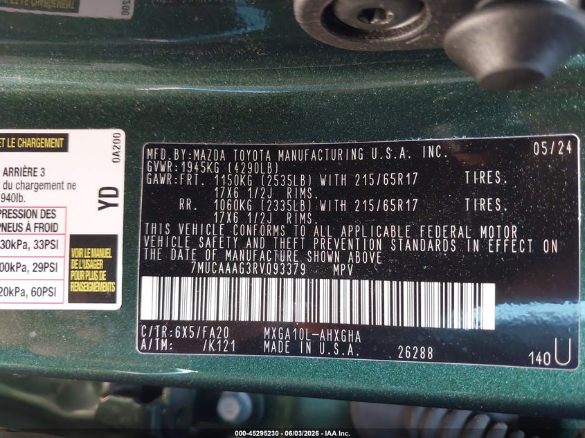 2024 Toyota Corolla cross VIN 7MUCAAAG3RV093379 IAAI salvage auction — HAIL, Salvage Title, sold $10,250 on 2026-08-03 (photo 9)
