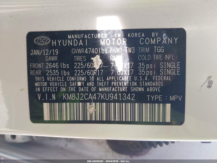 2019 Hyundai Tucson VIN KM8J2CA47KU941342 IAAI salvage auction — FRONT & REAR, Salvage Title, sold $1,750 on 2026-07-15 (photo 9)