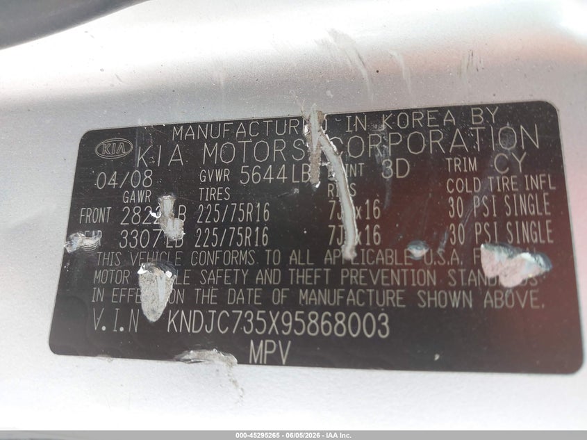 2009 Kia Sorento VIN KNDJC735X95868003 IAAI salvage auction — LEFT SIDE, Salvage (Pennsylvania), sold $25 on 2026-07-10 (photo 9)