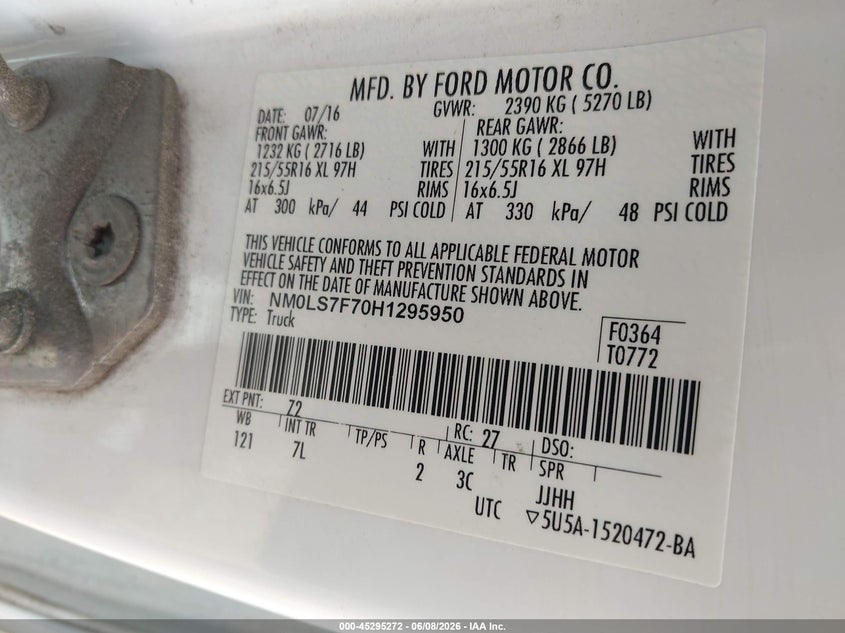 2017 Ford Transit VIN NM0LS7F70H1295950 IAAI salvage auction — RIGHT FRONT, Salvage Title, sold $375 on 2026-07-29 (photo 9)