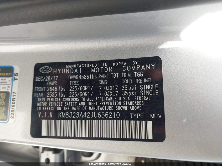 2018 Hyundai Tucson VIN KM8J23A42JU656210 IAAI salvage auction — NORMAL WEAR, Sf97 (Michigan), sold $9,425 on 2026-07-14 (photo 9)