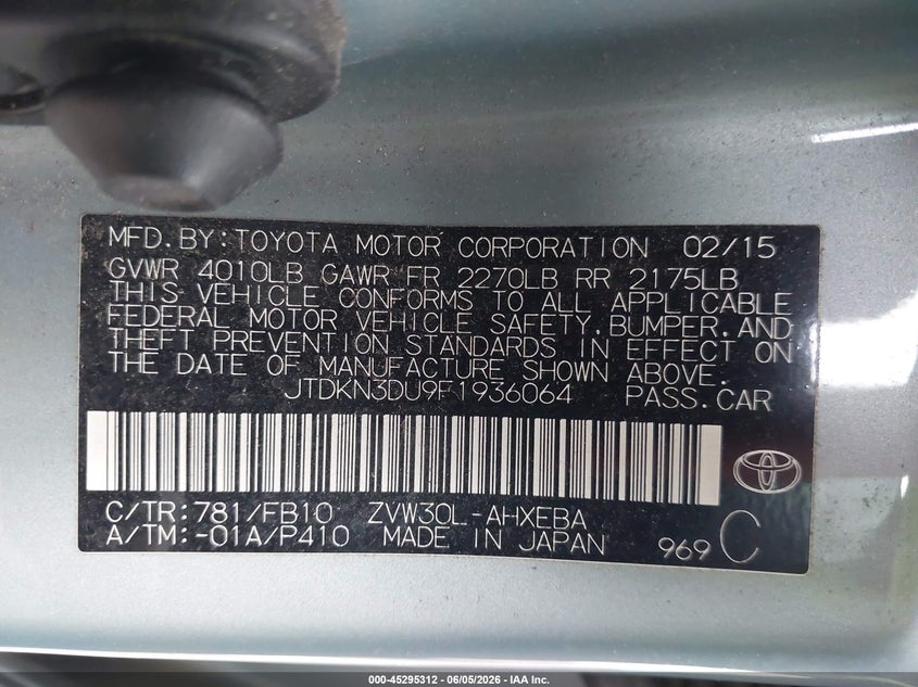 2015 Toyota Prius VIN JTDKN3DU9F1936064 IAAI salvage auction — FRONT END, Salvage Title, sold $2,100 on 2026-07-27 (photo 9)