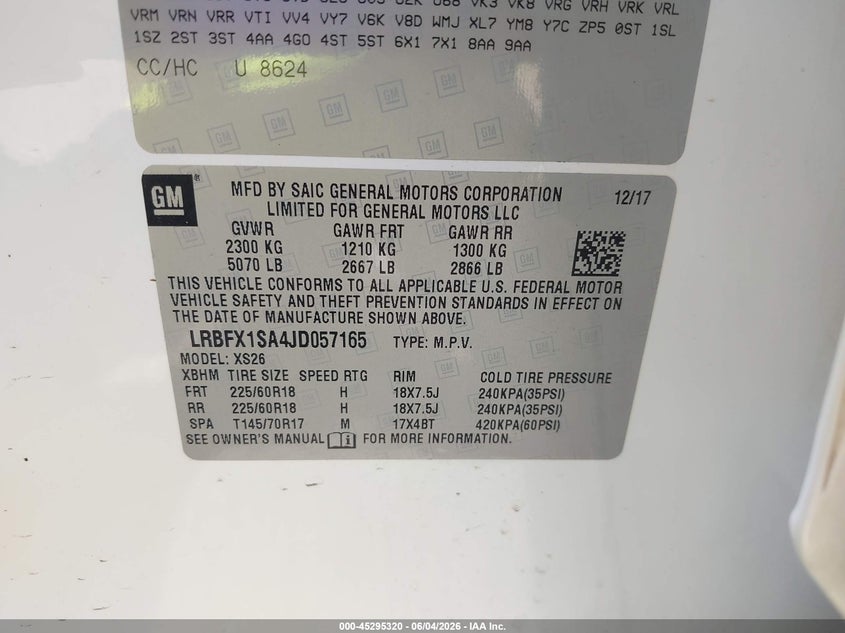 2018 Buick Envision VIN LRBFX1SA4JD057165 IAAI salvage auction — FRONT & REAR, Salvage Title, sold $2,075 on 2026-07-22 (photo 9)
