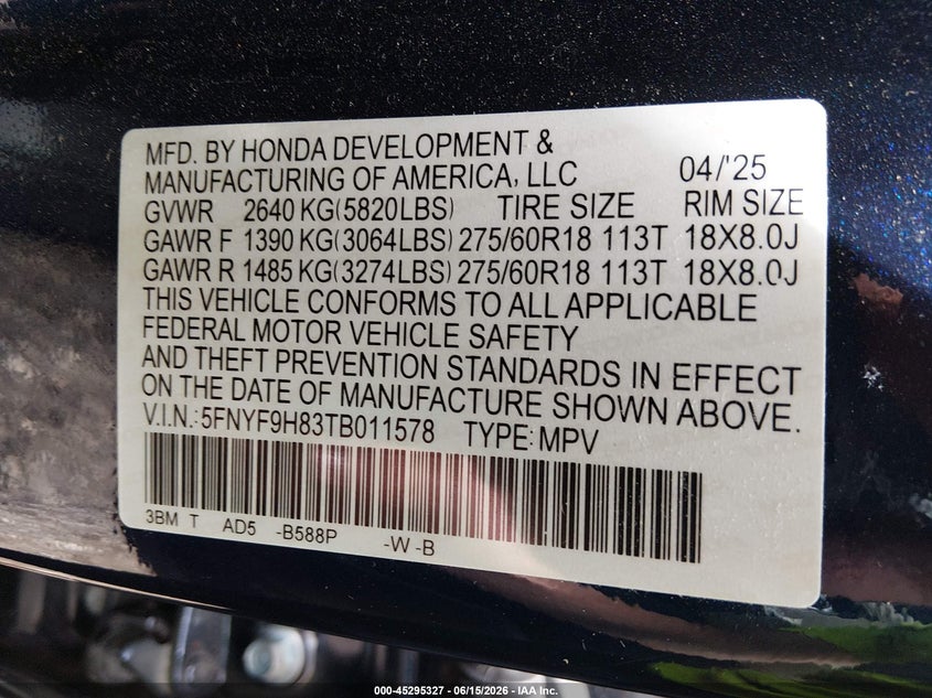 2026 Honda Passport VIN 5FNYF9H83TB011578 IAAI salvage auction — INTERIOR BURN, Salvage (Ohio), sold $22,400 on 2026-07-15 (photo 9)