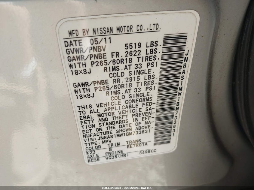 2011 Infiniti Fx35 VIN JN8AS1MW1BM733631 IAAI salvage auction — ELECTRICAL, Mv-907A (New York), sold $1,225 on 2026-07-14 (photo 9)
