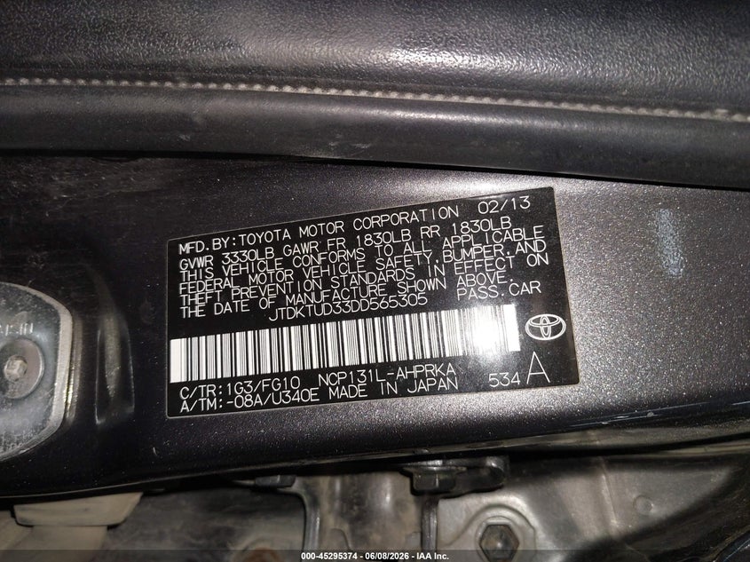 2013 Toyota Yaris VIN JTDKTUD33DD565305 IAAI salvage auction — FRONT END, Salvage Title, sold $1,600 on 2026-07-09 (photo 9)