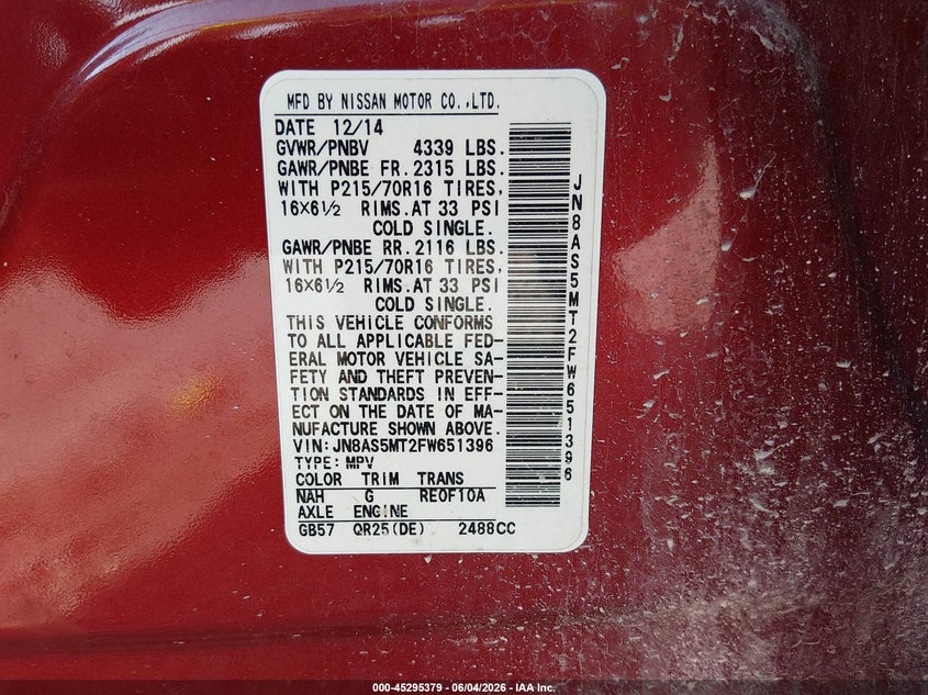 2015 Nissan Rogue VIN JN8AS5MT2FW651396 IAAI salvage auction — FRONT END, Salvage (Missouri), sold $225 on 2026-07-13 (photo 9)