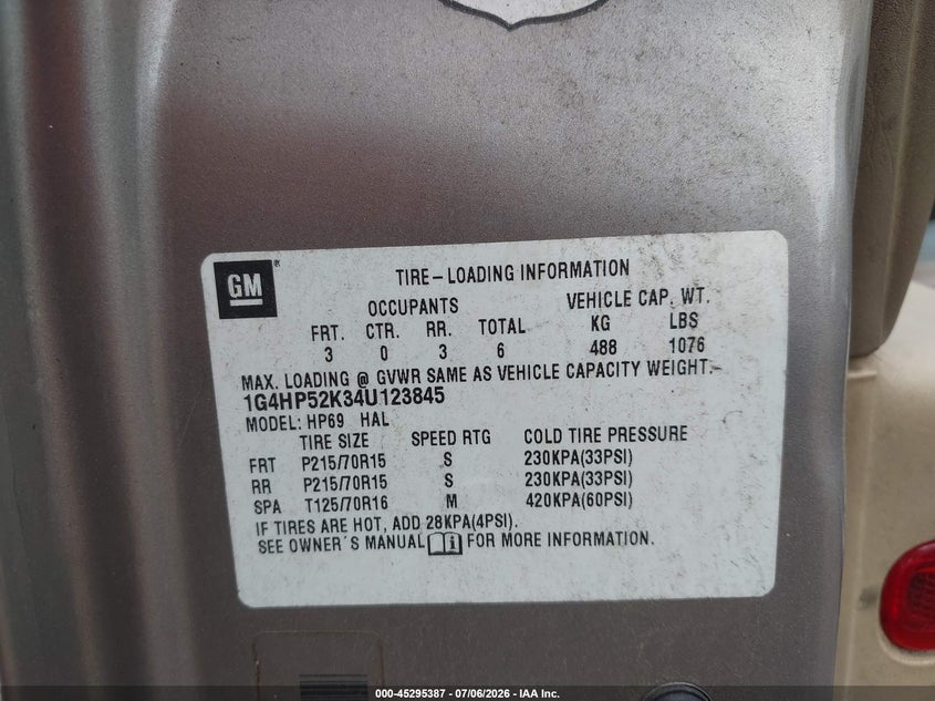 2004 Buick Lesabre VIN 1G4HP52K34U123845 IAAI salvage auction — NORMAL WEAR, Clear (Alabama), sold $225 on 2026-09-06 (photo 9)