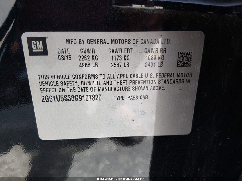 2016 Cadillac Xts VIN 2G61U5S38G9107829 IAAI salvage auction — LEFT SIDE, Salvage Title, sold $1,800 on 2026-07-09 (photo 9)