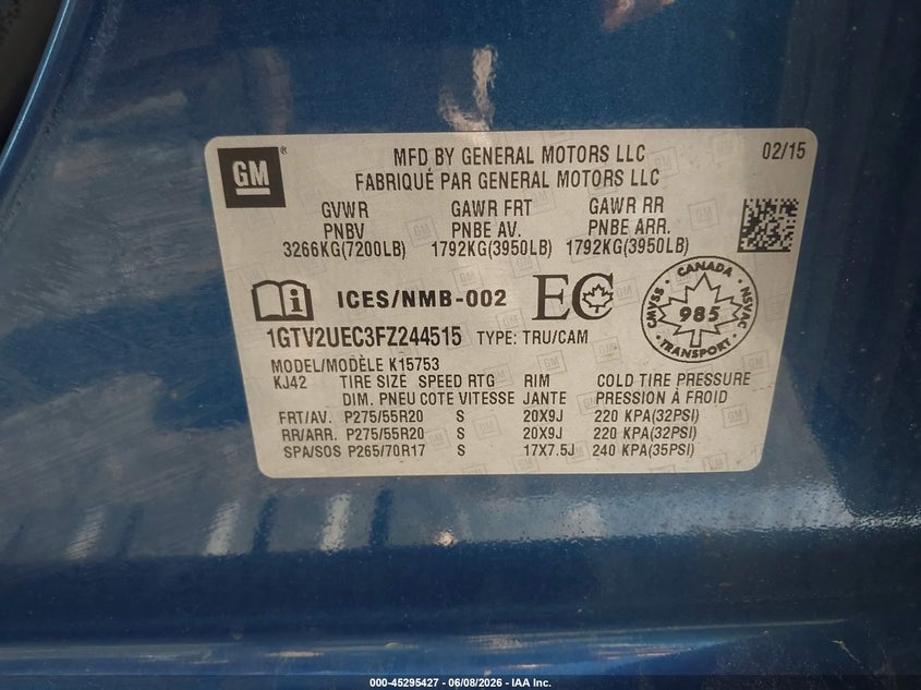 2015 Gmc SIERRA VIN 1GTV2UEC3FZ244515 IAAI salvage auction — REAR END, Salvage Title, sold $1,100 on 2026-08-23 (photo 9)