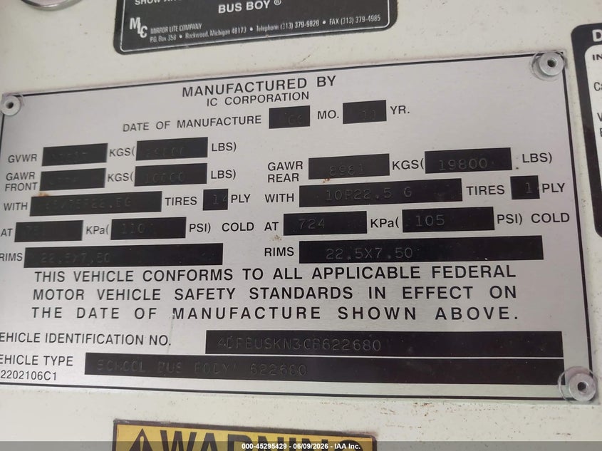 2012 Ic VIN 4DRBUSKN3CB622680 IAAI salvage auction — FRONT END, Salvage - Greater Than 75% (Maryland), sold $25 on 2026-07-30 (photo 9)