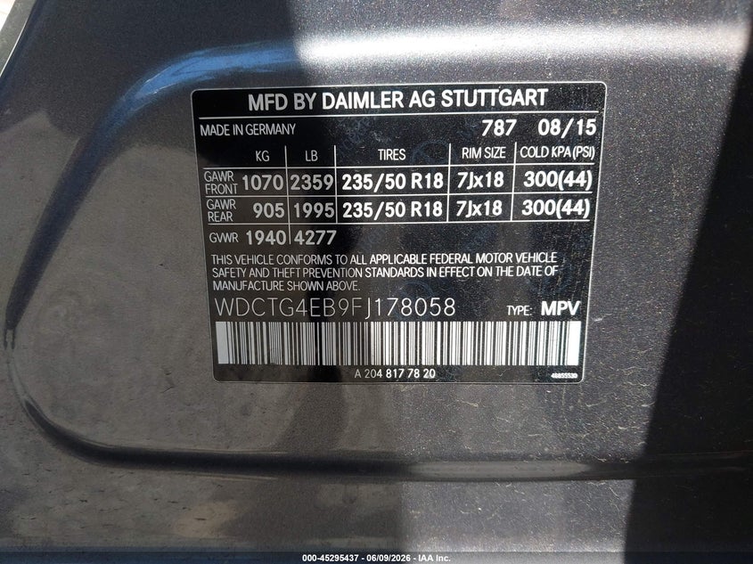 2015 Mercedes-benz Gla-klasse VIN WDCTG4EB9FJ178058 IAAI salvage auction — FRONT END, Wait Title, sold $875 on 2026-08-05 (photo 9)