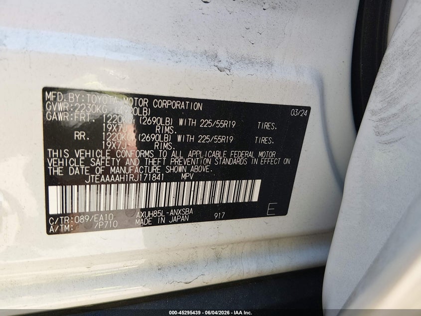 2024 Toyota Venza VIN JTEAAAAH1RJ171841 IAAI salvage auction — Rear End, Salvage - Greater Than 75% (Maryland), sold $23,700 on 2026-09-05 (photo 9)