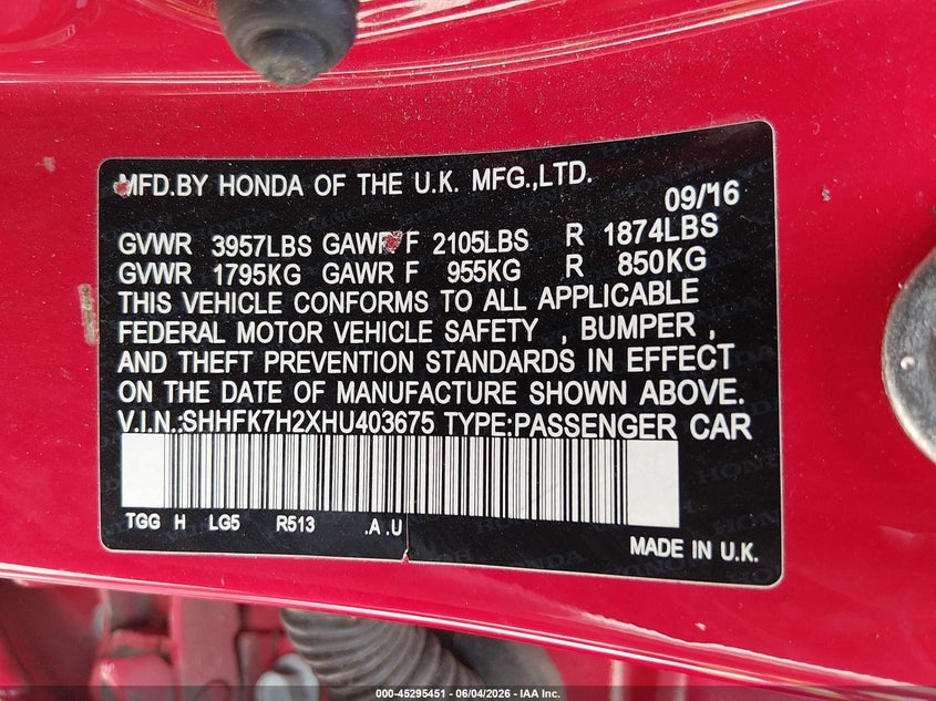 2017 Honda Civic VIN SHHFK7H2XHU403675 IAAI salvage auction — REAR END, Salvage (New Jersey), sold $1,650 on 2026-07-28 (photo 9)