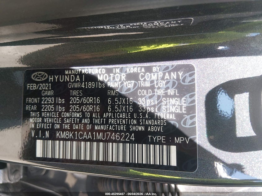 2021 Hyundai Kona VIN KM8K1CAA1MU746224 IAAI salvage auction — FRONT END, Salvage Title, sold $2,900 on 2026-07-20 (photo 9)