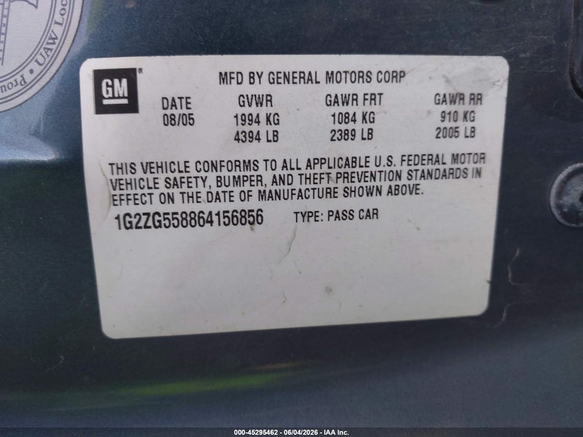 2006 Pontiac G6 VIN 1G2ZG558864156856 IAAI salvage auction — LEFT SIDE, Clear (Illinois), sold $300 on 2026-08-18 (photo 9)