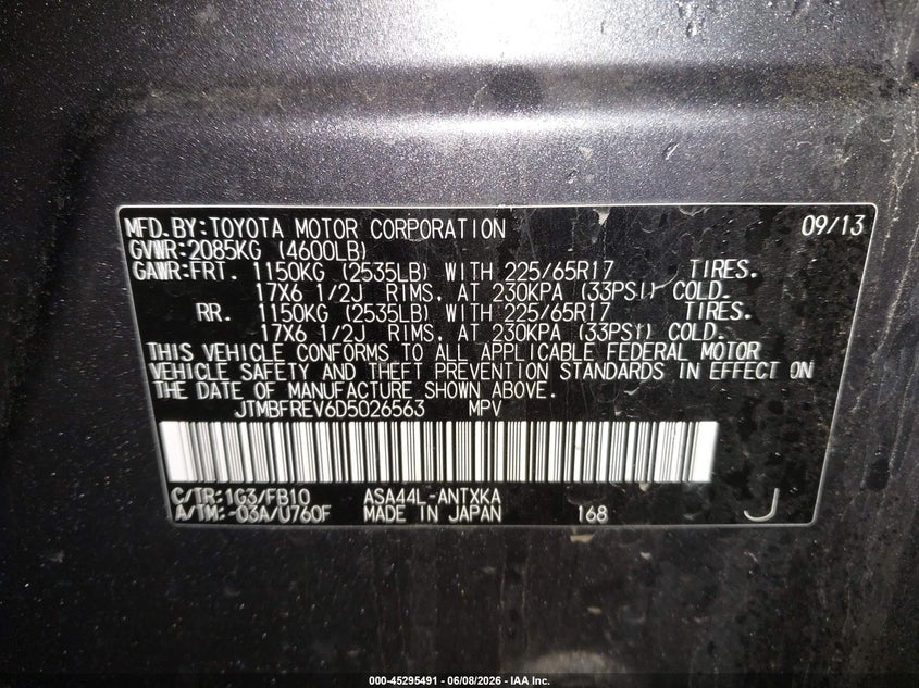 2013 Toyota Rav 4 VIN JTMBFREV6D5026563 IAAI salvage auction — FRONT END, Salvage Title, sold $4,700 on 2026-07-17 (photo 9)