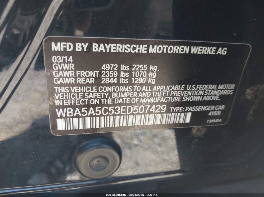 2014 BMW 5er VIN WBA5A5C53ED507429 IAAI salvage auction — ALL OVER, Salvage Title, sold $1,500 on 2026-07-07 (photo 9)