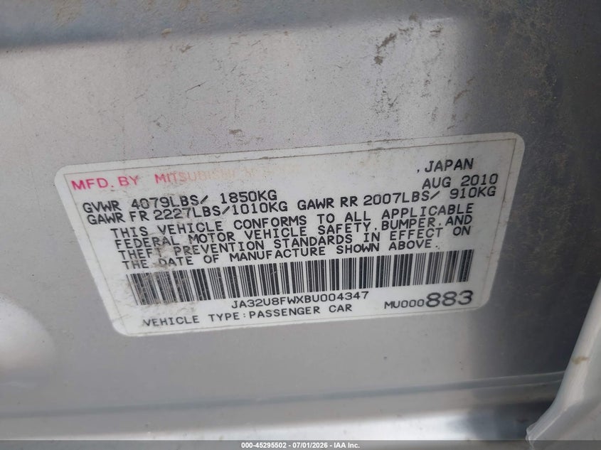 2011 Mitsubishi Lancer VIN JA32U8FWXBU004347 IAAI salvage auction — NORMAL WEAR, Regular Certificate (Iowa), sold $650 on 2026-07-14 (photo 9)