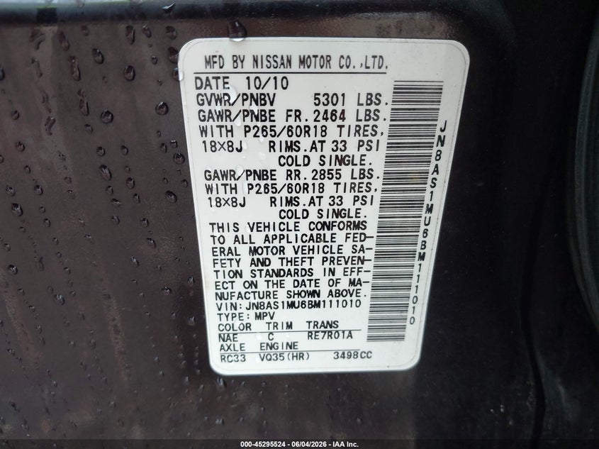 2011 Infiniti Fx VIN JN8AS1MU6BM111010 IAAI salvage auction — FRONT END, Salvage (Texas), sold $450 on 2026-07-09 (photo 9)