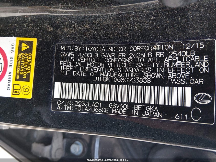 2016 Lexus ES VIN JTHBK1GG8G2238381 IAAI salvage auction — LEFT & RIGHT, Salvage Title, sold $3,750 on 2026-07-10 (photo 9)