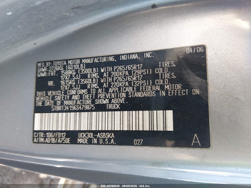 2006 Toyota Tundra VIN 5TBRT34196S479875 IAAI salvage auction — FRONT END, Salvage (South Carolina), sold $825 on 2026-07-22 (photo 9)