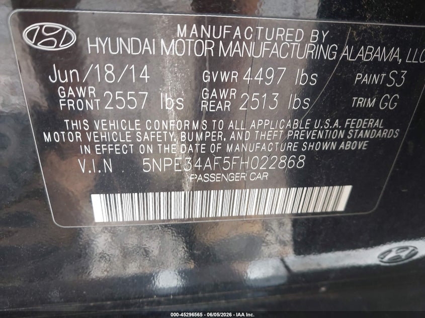 2015 Hyundai Sonata VIN 5NPE34AF5FH022868 IAAI salvage auction — FRONT END, Salvage Title, sold $775 on 2026-07-10 (photo 9)