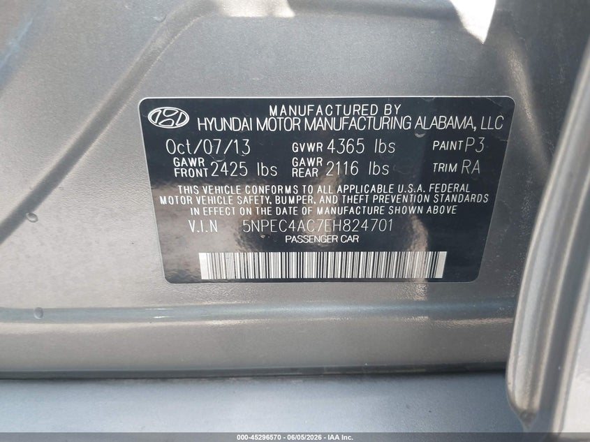 2014 Hyundai Sonata VIN 5NPEC4AC7EH824701 IAAI salvage auction — RIGHT FRONT, Salvage Title, sold $525 on 2026-07-14 (photo 9)