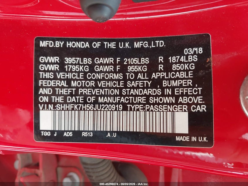 2018 Honda Civic VIN SHHFK7H56JU220919 IAAI salvage auction — FRONT END, Salvage Title, sold $3,450 on 2026-07-30 (photo 9)