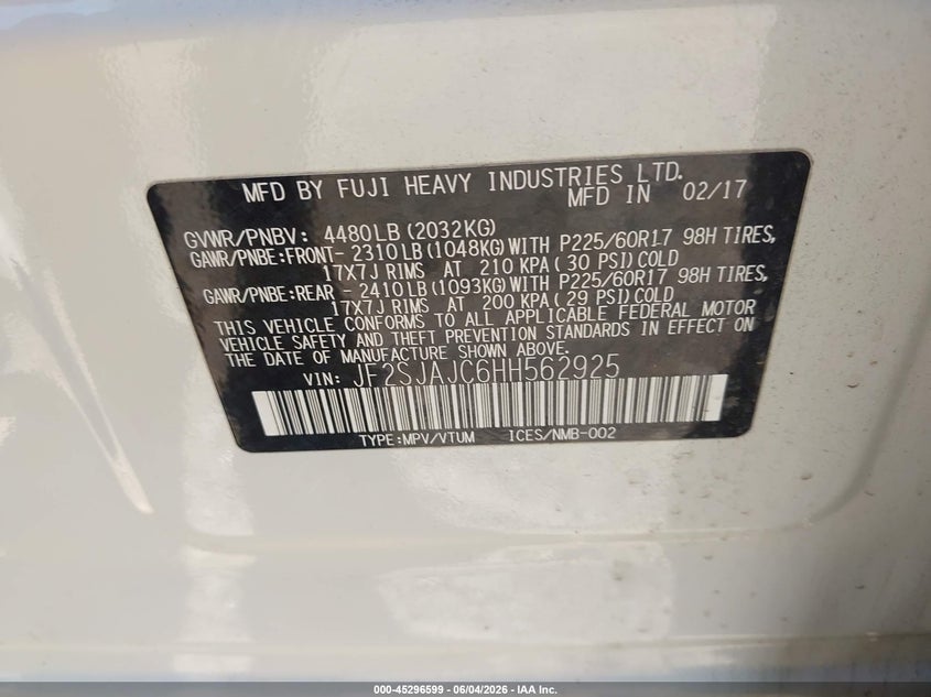 2017 Subaru Forester VIN JF2SJAJC6HH562925 IAAI salvage auction — RIGHT FRONT, Salvage Title, sold $1,550 on 2026-07-14 (photo 9)