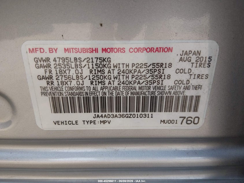 2016 Mitsubishi Outlander VIN JA4AD3A36GZ010311 IAAI salvage auction — FRONT END, Salvage Title, sold $1,525 on 2026-07-22 (photo 9)
