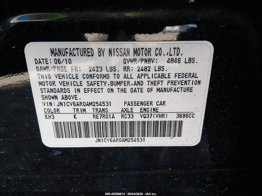 2010 Infiniti G37 VIN JN1CV6AR0AM254531 IAAI salvage auction — LEFT FRONT, Clear (Tennessee), sold $200 on 2026-07-21 (photo 9)