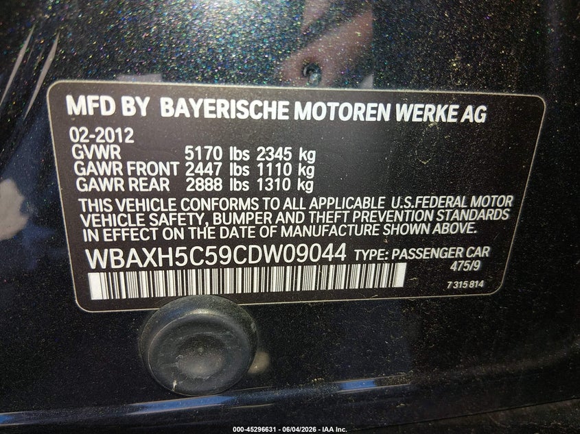 2012 BMW 5er VIN WBAXH5C59CDW09044 IAAI salvage auction — REAR END, Salvage Title, sold $1,400 on 2026-07-11 (photo 9)