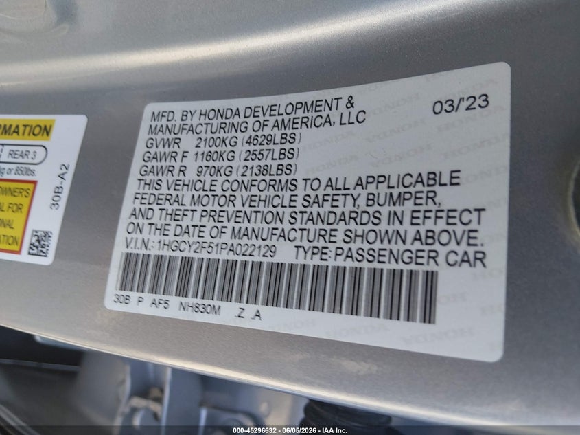 2023 Honda Accord VIN 1HGCY2F51PA022129 IAAI salvage auction — REAR END, Salvage Title, sold $9,000 on 2026-07-29 (photo 9)