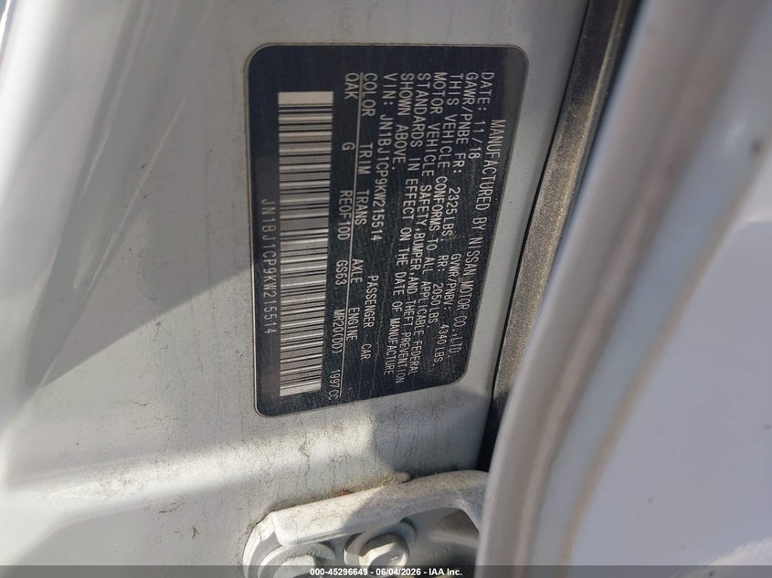 2019 Nissan Rogue VIN JN1BJ1CP9KW215514 IAAI salvage auction — RIGHT REAR, Salvage Title, sold $1,525 on 2026-07-08 (photo 9)