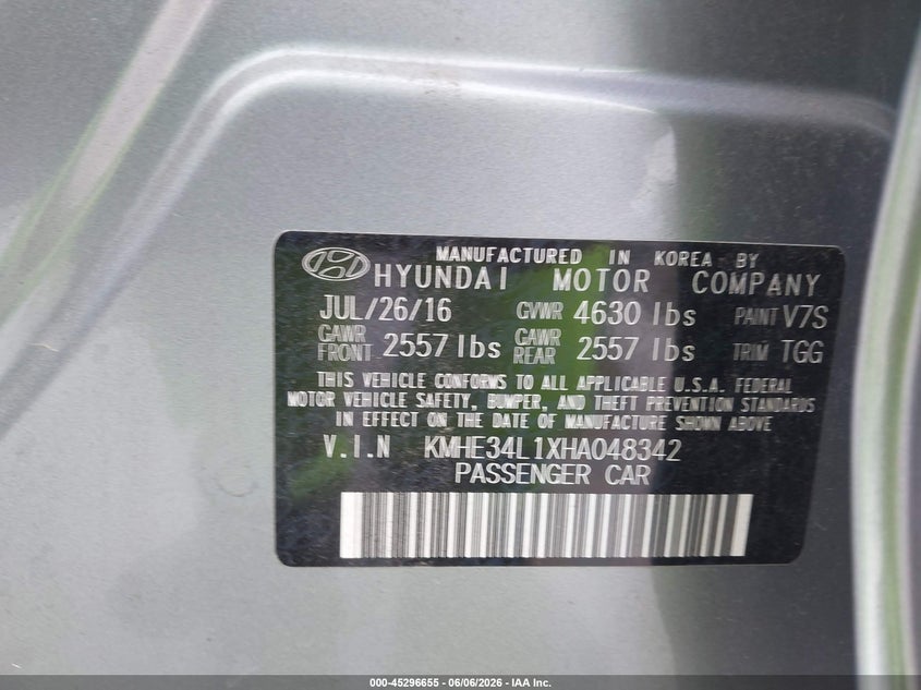 2017 Hyundai Sonata VIN KMHE34L1XHA048342 IAAI salvage auction — HAIL, Salvage Title, sold $5,900 on 2026-07-15 (photo 9)
