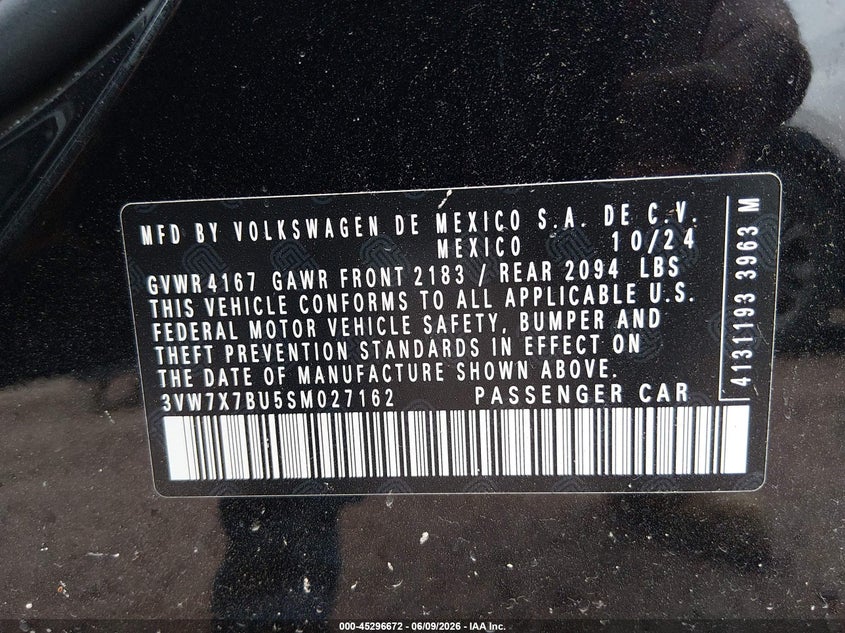 2025 Volkswagen Jetta VIN 3VW7X7BU5SM027162 IAAI salvage auction — HAIL, Salvage Title, sold $9,550 on 2026-07-22 (photo 9)