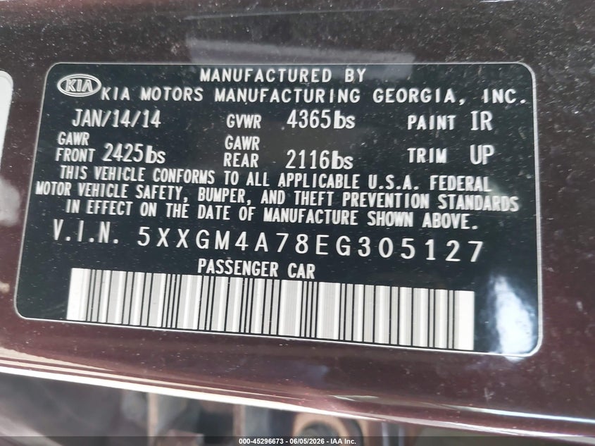 2014 Kia Optima VIN 5XXGM4A78EG305127 IAAI salvage auction — RIGHT SIDE, Salvage (Delaware), sold $475 on 2026-07-08 (photo 9)