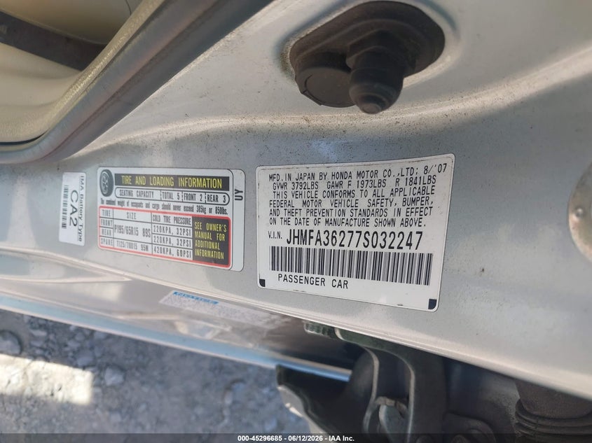 2007 Honda Civic hybrid VIN JHMFA36277S032247 IAAI salvage auction — REPOSSESSION, Clear (Virginia), sold $275 on 2026-07-17 (photo 9)
