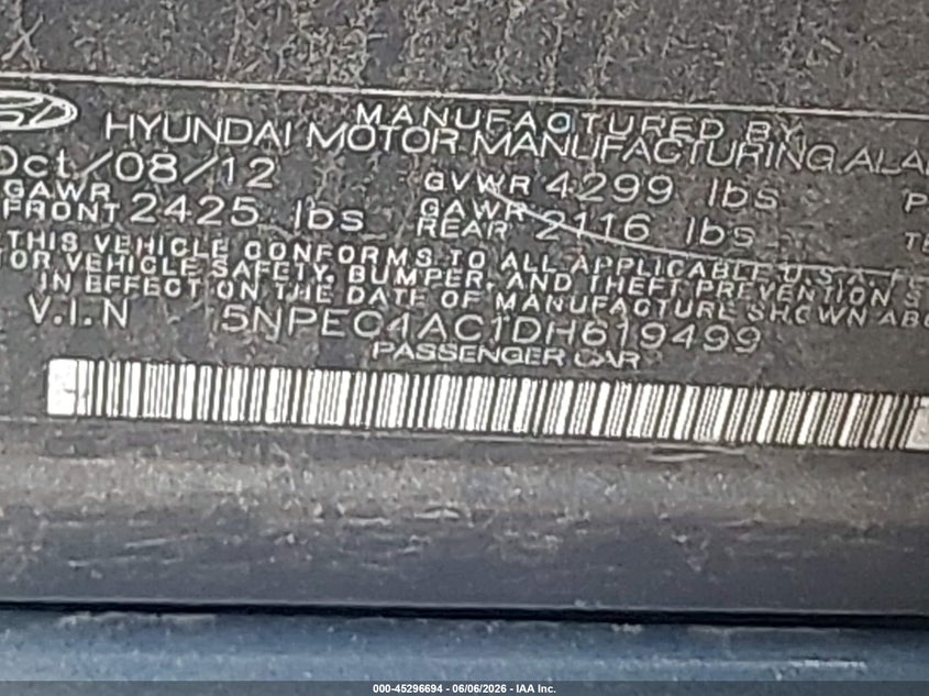 2013 Hyundai Sonata VIN 5NPEC4AC1DH619499 IAAI salvage auction — FRONT END, Mv-907A (New York), sold $1,050 on 2026-07-14 (photo 9)