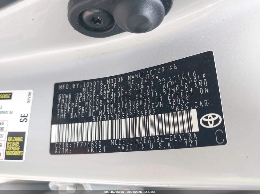 2024 Toyota Corolla VIN 5YFB4MDE3RP139682 IAAI salvage auction — LEFT FRONT, Salvage Title, sold $5,150 on 2026-07-14 (photo 9)