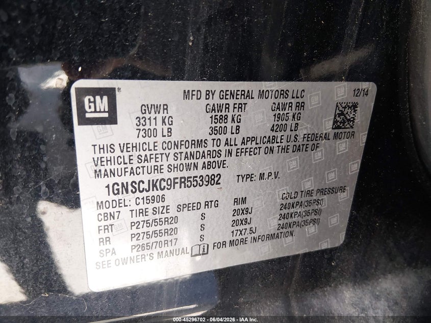 2015 Chevrolet Express VIN 1GNSCJKC9FR553982 IAAI salvage auction — ROLLOVER, Salvage Title, sold $1,800 on 2026-07-19 (photo 9)