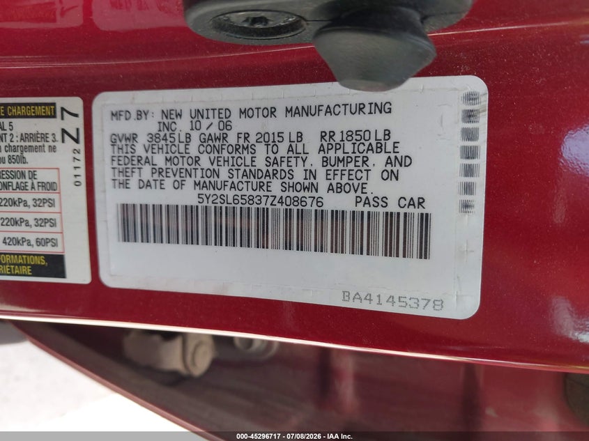 2007 Pontiac Vibe VIN 5Y2SL65837Z408676 IAAI salvage auction — FRONT END, Salvage (Ohio), sold $375 on 2026-07-29 (photo 9)