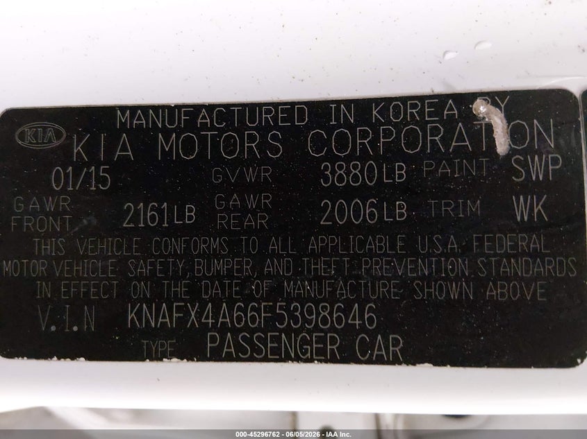 2015 Kia Forte VIN KNAFX4A66F5398646 IAAI salvage auction — FRONT END, Salvage Title, sold $725 on 2026-07-18 (photo 9)