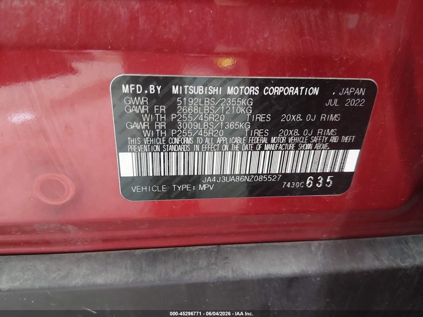 2022 Mitsubishi Outlander VIN JA4J3UA86NZ085527 IAAI salvage auction — FRONT END, Salvage Title, sold $2,100 on 2026-07-16 (photo 9)