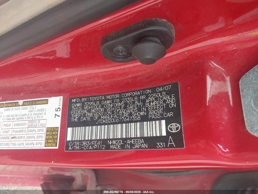 2007 Toyota Prius VIN JTDKB20U677647358 IAAI salvage auction — FRONT & REAR, Salvage (Indiana), sold $100 on 2026-07-17 (photo 9)