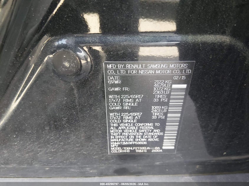 2015 Nissan Rogue VIN KNMAT2MVXFP538136 IAAI salvage auction — FRONT END, Salvage Title, sold $1,300 on 2026-07-14 (photo 9)