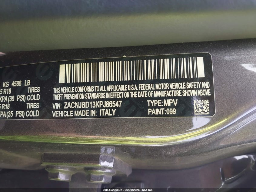 2019 Jeep Renegade VIN ZACNJBD13KPJ86547 IAAI salvage auction — SIDE, Salvage - Greater Than 75% (Maryland), sold $2,450 on 2026-07-28 (photo 9)