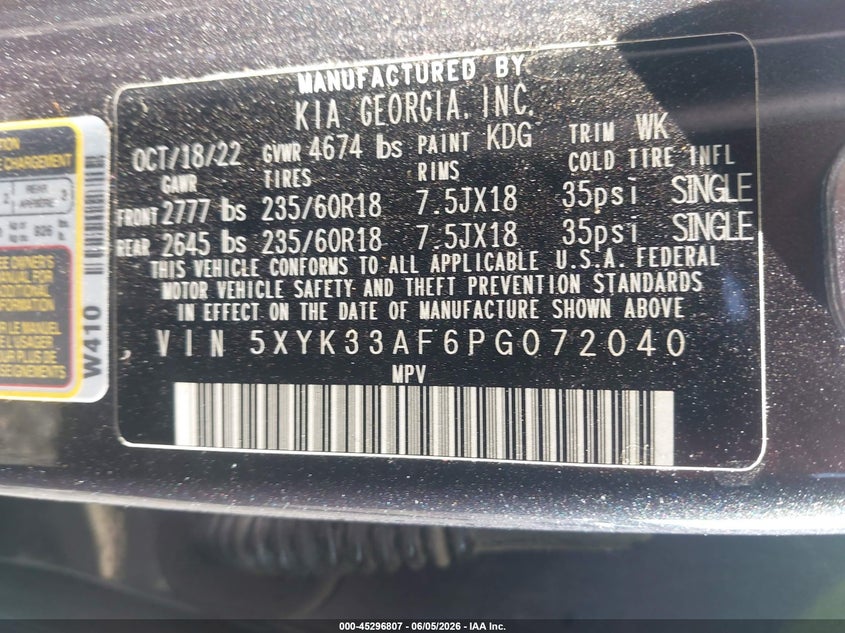 2023 Kia Sportage VIN 5XYK33AF6PG072040 IAAI salvage auction — FRONT END, Salvage Title, sold $5,600 on 2026-07-27 (photo 9)